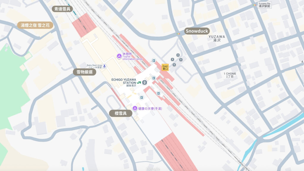 越後湯澤雪具租借店分布地圖：青達雪具、櫻雪具、雪物嚴選、Snowduck