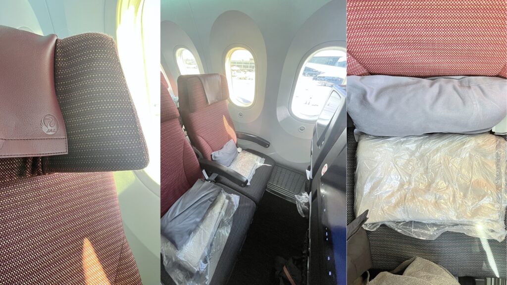 日本航空 JAL Boeing 787-8 經濟艙座椅配置：獨家的 2-4-2 佈局提供了額外的 5 公分寬度與 34 吋椅距，比一般 3-3-3 配置更具空間邊界感。