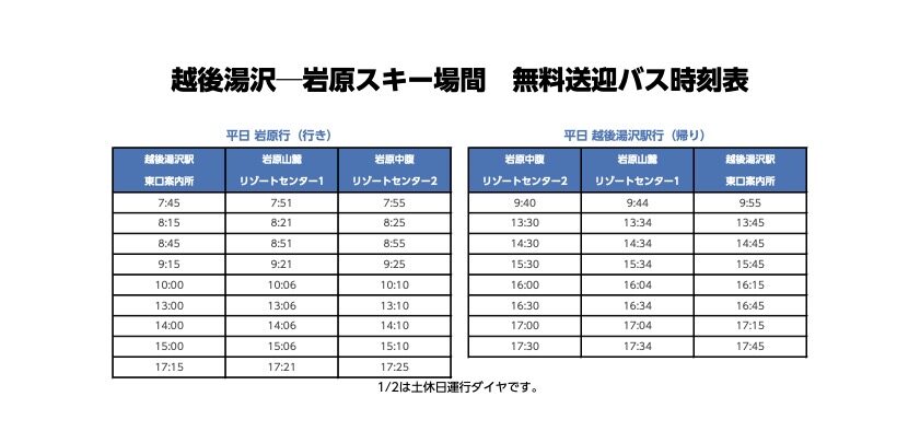 越後湯澤岩原滑雪場平日接駁車班表：提醒滑雪客注意平日班次較少