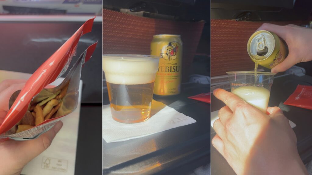 日本航空 JAL Boeing 787-8 經濟艙首輪飲品服務：在聖地牙哥直飛東京航線中，提供各式日本啤酒與日式米果。