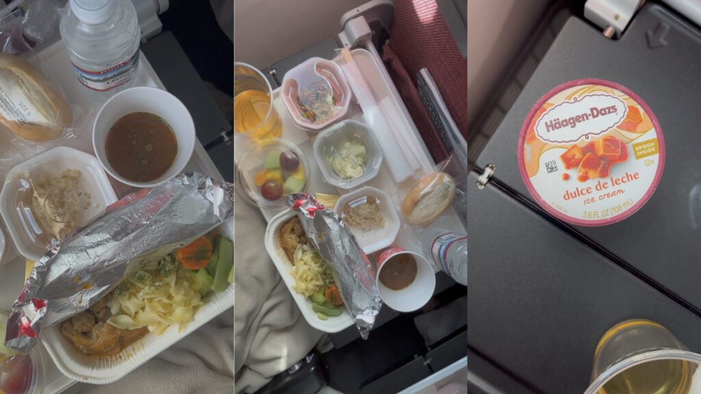 日本航空 JAL 經濟艙主餐服務實測：包含熱騰騰的日式味噌湯、哈根達斯冰淇淋，展現高空餐飲的溫度控制與細膩質感。