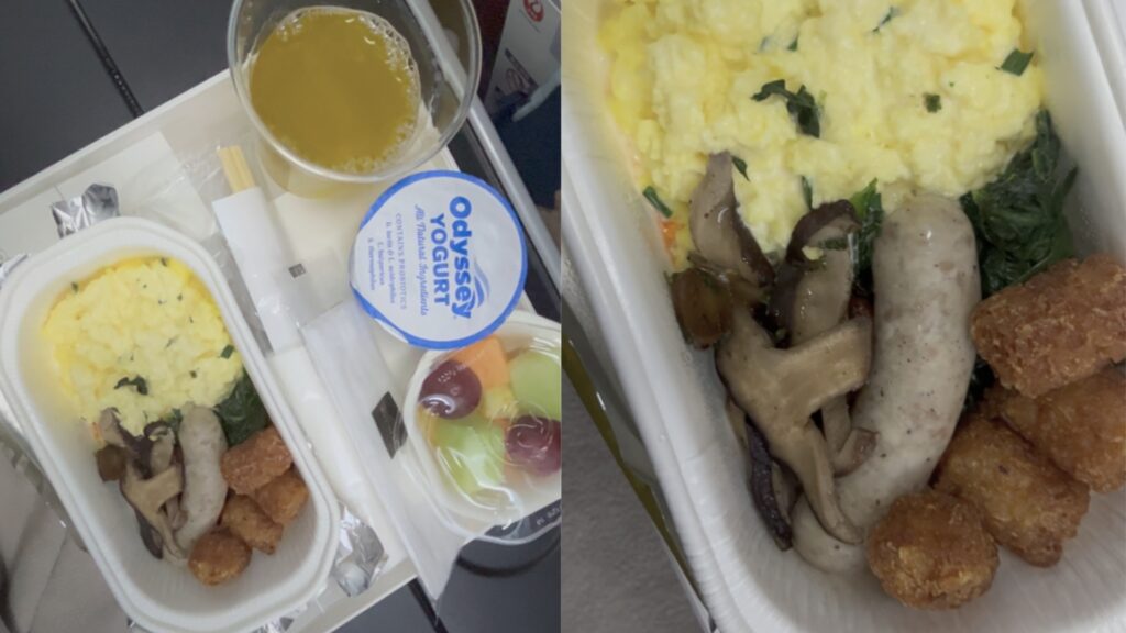 日本航空 JAL 經濟艙降落前第二餐服務：簡約溫熱的日式燴飯輕食，搭配冷飲與熱茶，旨在降落前提供輕盈的體力補給，減少長途飛行後的腸胃負擔。