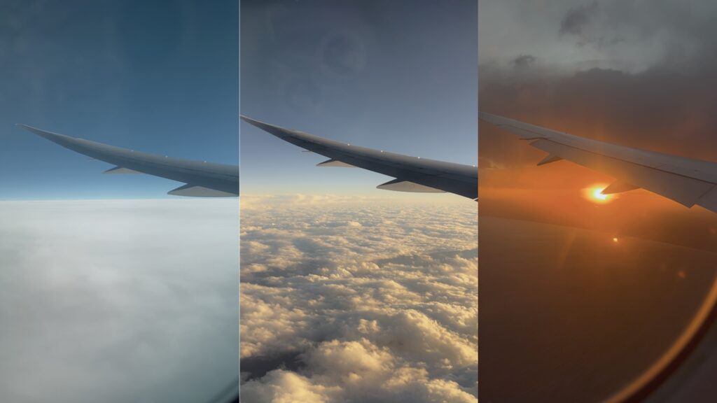 日本航空 JAL Boeing 787-8 窗外風景：從聖地牙哥 (SAN) 直飛東京 (NRT) 的 11,000 公里航程，透過電控調光窗呈現出的深藍色太平洋雲海與機翼結構。