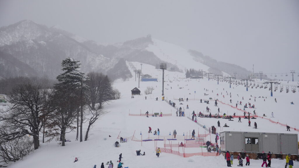 越後湯澤岩原滑雪場全景：以寬闊平緩的「家庭雪道」聞名，適合初學者練習
