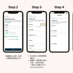 國泰世華 CUBE App 小額跨境匯款五步驟教學。Step 1 點選外幣選單；Step 2 選擇受款國家與對象；Step 3 填寫受款人資訊（包含 SWIFT Code 與分支代碼）；Step 4 確認匯款人資料；Step 5 試算匯率（以 32.04 為例）並確認免手續費。
