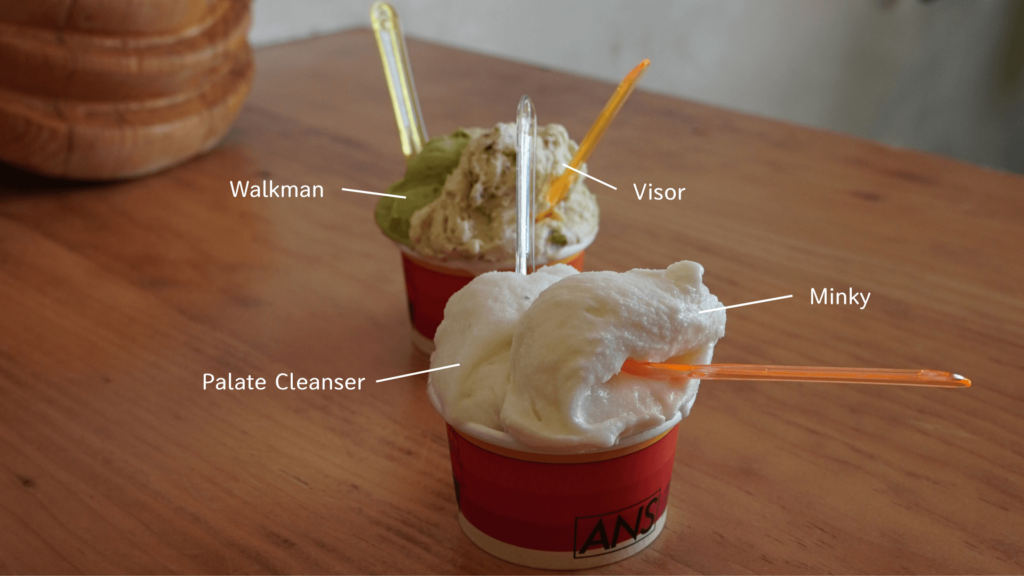 An's Hatmakers冰淇淋口味：Visor (開心果) 口味，呈現深綠色的濃郁質地，表面拌入大量烘烤過的碎果仁、Walkman (抹茶草莓) 口味，深綠色的 Paru Tea 抹茶 Gelato 中旋入鮮紅色的自製草莓醬、Palate Cleanser 雪酪特寫，呈現半透明、淨白的萊姆雪酪質地，看起來極其沁涼解膩、Minky (鳳梨椰子) 口味，呈現乳白色、綿密的 Gelato 質地，外觀如同經典 Piña Colada 調酒