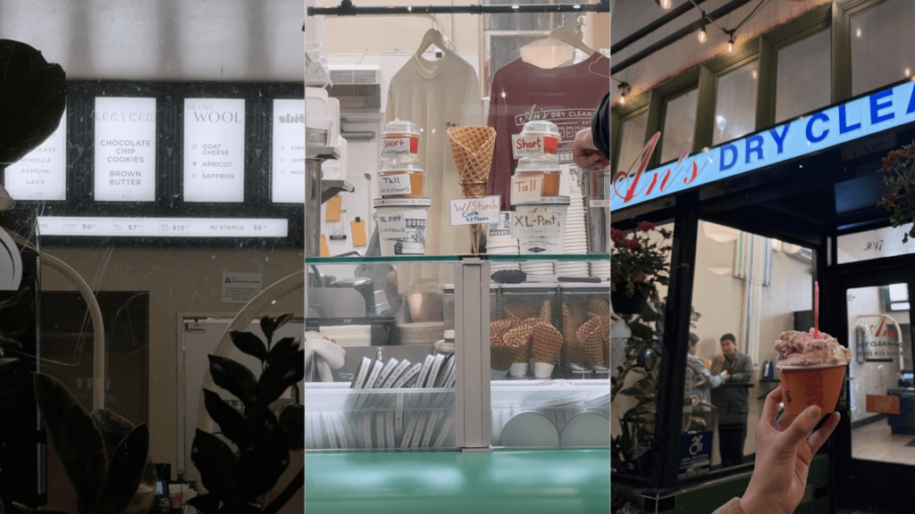 An's Dry Cleaning 菜單近照, 以布料命名口味如 Leather、Canvas 與 Gomazuri, 聖地牙哥冰淇淋價格資訊、冰淇淋杯尺寸對照