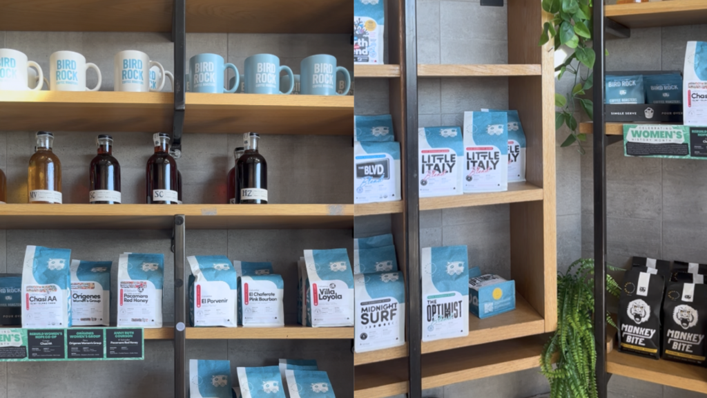 聖地牙哥 Bird Rock Coffee 店內商品架局部特寫,整齊排列著印有藍色燕子標誌的咖啡豆袋,包裝正面清晰標示產地與直接貿易字樣 聖地牙哥 Bird Rock Coffee 店內商品架局部特寫,整齊排列著印有藍色燕子標誌的咖啡豆袋,包裝正面清晰標示產地與直接貿易字樣