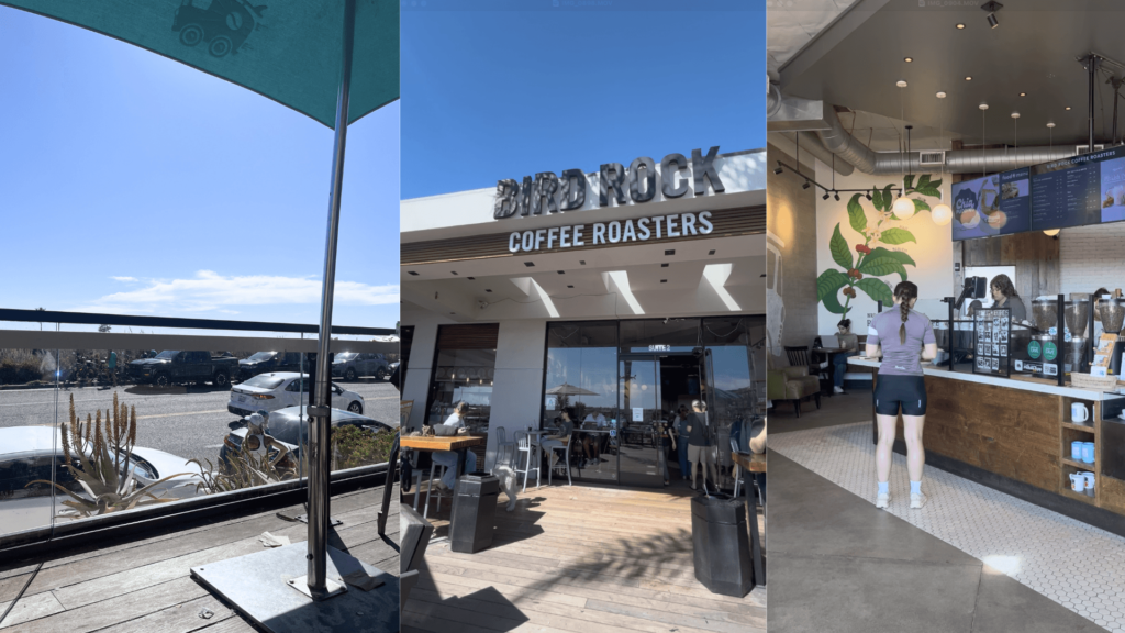 聖地牙哥精品咖啡 Bird Rock Coffee - Torrey Pines 分店外圍實景,寬敞的專屬戶外停車場與平整的柏油路面,右側為低矮的現代清水模色調建築,店外設有開闊的木質露天長椅座位區。 聖地牙哥精品咖啡 Bird Rock Coffee - Torrey Pines 分店外圍實景,寬敞的專屬戶外停車場與平整的柏油路面,右側為低矮的現代清水模色調建築,店外設有開闊的木質露天長椅座位區。