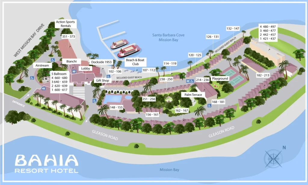 Bahia Resort Hotel 園區地圖,標示大廳、餐廳、泳池、網球場、遊樂場、各棟房型號碼與海灘位置 Bahia Resort Hotel 園區地圖,標示大廳、餐廳、泳池、網球場、遊樂場、各棟房型號碼與海灘位置