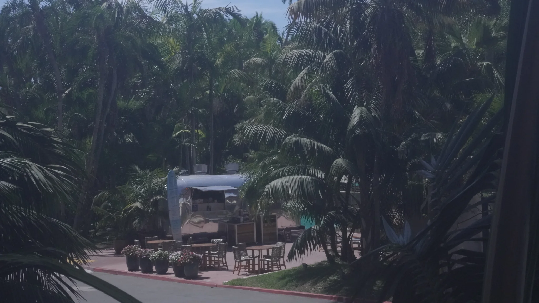 Bahia Resort Hotel 的 Airstream Grab 'N Go 銀色咖啡餐車，位在棕櫚樹林之間，前方有木桌椅與花盆