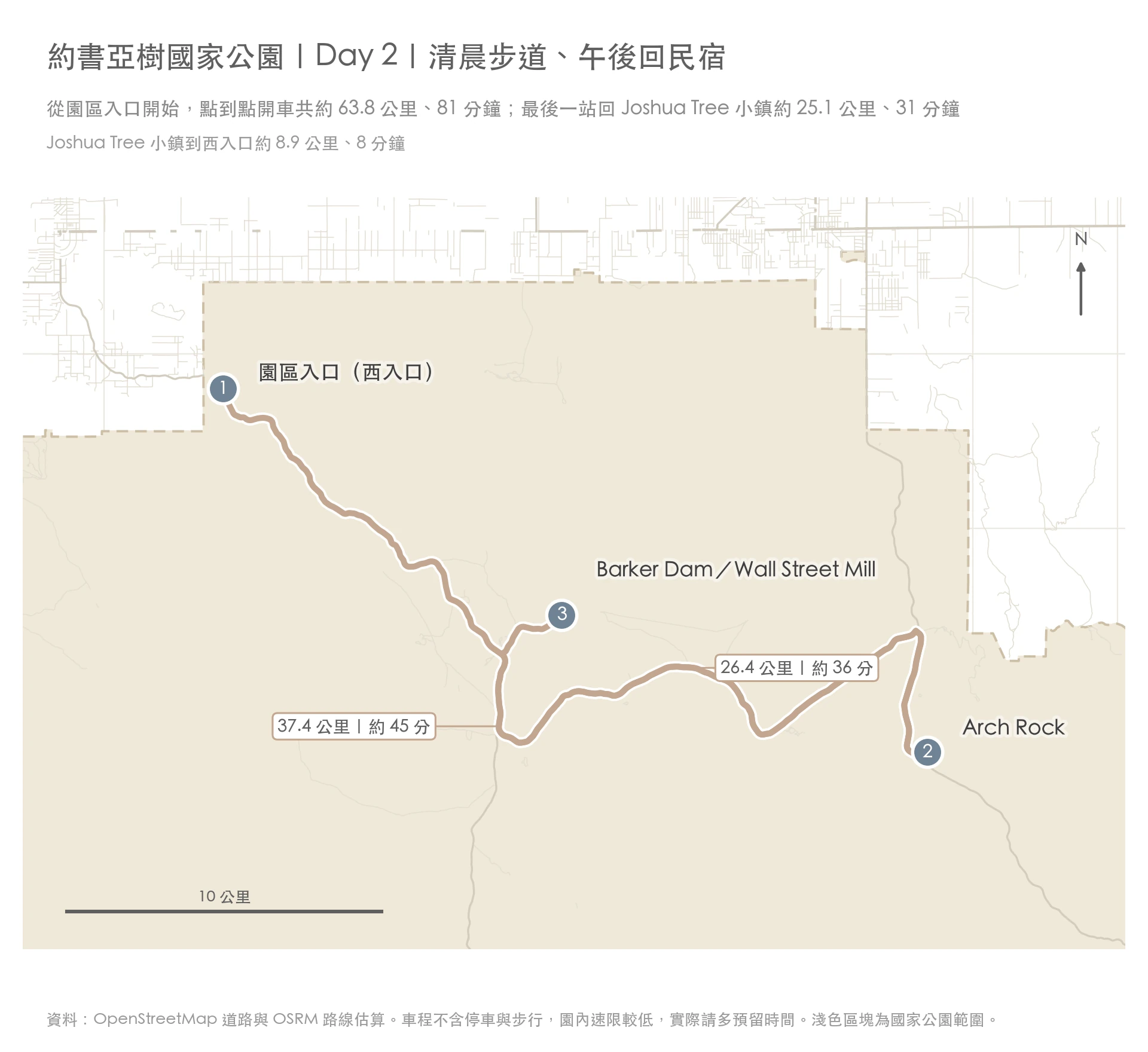 Day 2 園區內路線,從園區入口(西入口)到 Arch Rock、Barker Dam 與 Wall Street Mill,共約 64 公里、81 分鐘